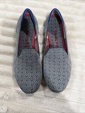 Rothy's Black & White Woven Slip-On Loafers with Blue Heel Trim